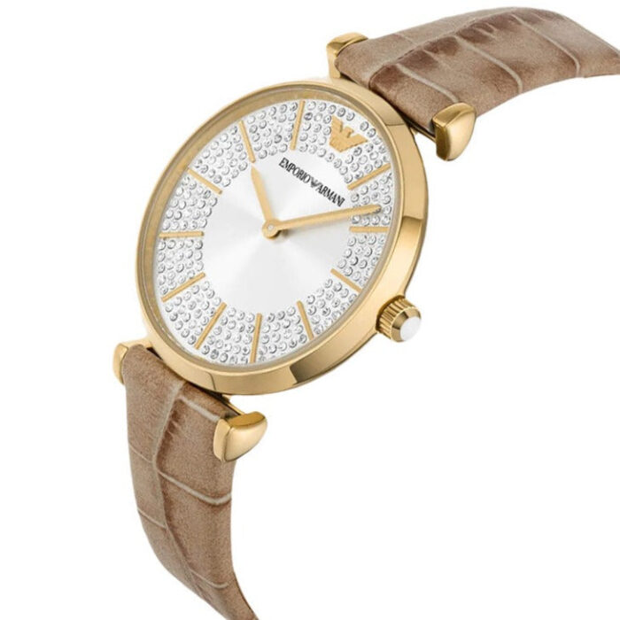 Emporio Armani Gianni T Bar Crystals Silver Dial Brown Leather Strap Watch For Women - AR11518 - Image 5